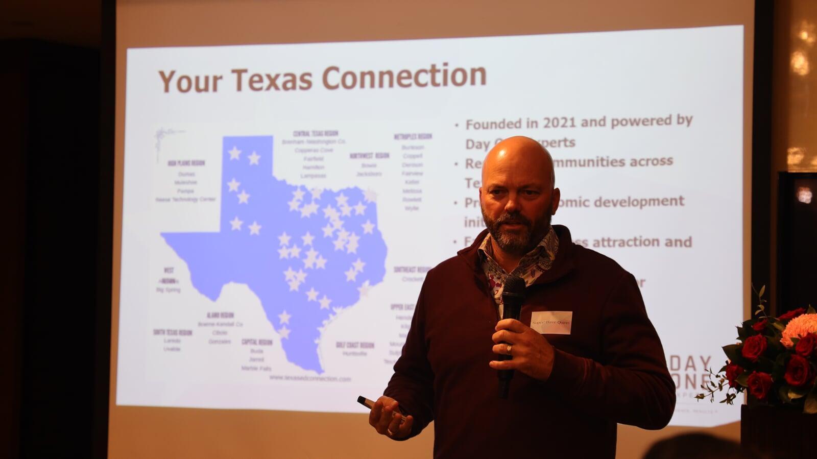 Super Dave Quinn speaking in Taiwan with Texas Connection Map on a slide behind him